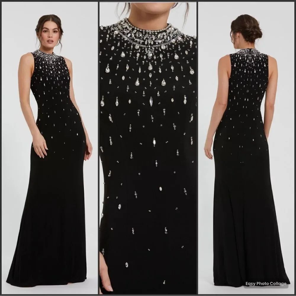 MAC DUGGAL 2260 Black High Neck Sleeveless Beaded Jersey Fitted Gown Size 6